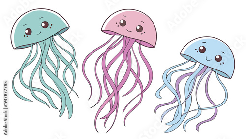 Vector illustration of Three cute cartoon jellyfish in pastel colors floating in water