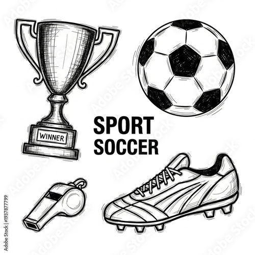 Detailed black and white illustration of soccer elements including trophy, ball, cleat, and whistle on a white background.