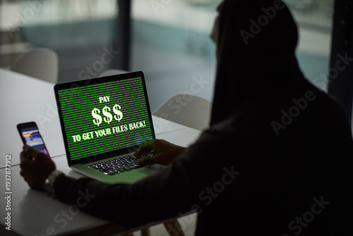 Tableau sur toile Hacker, person or laptop screen with phone in office for ransomware, data theft or payment demand