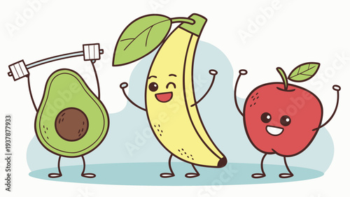 Vector illustration of Healthy Fruits Characters Exercising: Avocado, Banana, Apple