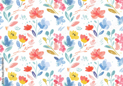 Cute pastel flowers and leaves seamless pattern in Scandinavian style, playful botanical vector background for nursery wallpaper, textiles and decorative packaging.