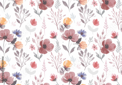Minimal pastel floral seamless pattern with decorative leaves and flowers, Scandinavian inspired botanical vector background for textile design, wallpaper and packaging.