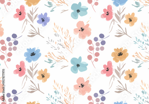 Cute pastel flowers and leaves seamless pattern in Scandinavian style, playful botanical vector background for nursery wallpaper, textiles and decorative packaging.