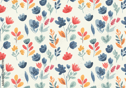 Pastel botanical vector pattern with simple stylized flowers and leafy stems in seamless layout, Scandinavian decorative background for fabric, wallpaper and gift wrap.