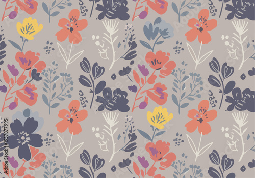 Delicate hand drawn floral seamless vector pattern with pastel tones and simple botanical shapes, Scandinavian decorative background for fabric, stationery and wrapping paper.