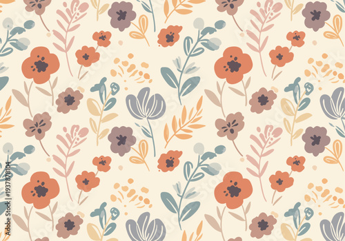 Cute pastel floral seamless pattern with stylized flowers, leaves and branches, modern Scandinavian botanical vector background ideal for textile, wallpaper, packaging design