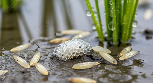 Mosquito Eggs Hatching in Water Near Plants.