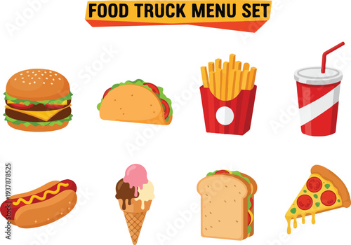 Food truck menu set featuring a burger taco fries soda hot dog ice cream sandwich and pizza slice