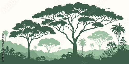 A group of trees in a forest with a white sky Vector