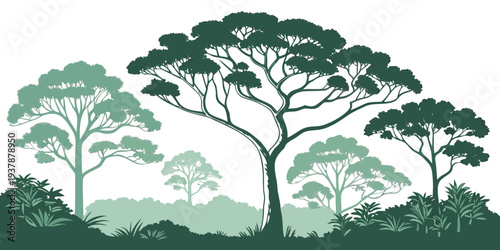 A group of trees in a forest with green foliage Vector