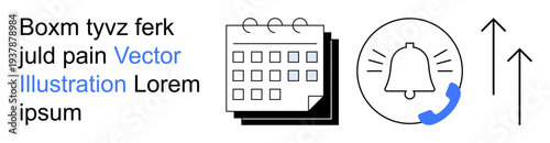 Scheduling, reminders, communication tools, notifications, business organization, workflow efficiency. Black-and-white icons of a calendar, notification bell arrows and phone. Scheduling