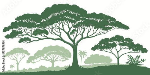 A group of trees on a hill with green foliage Vector