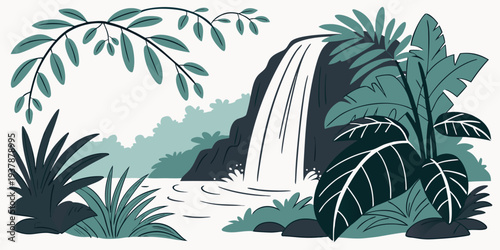 A serene waterfall surrounded by lush greenery Vector