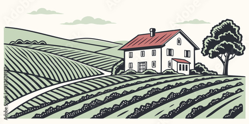 A house in the countryside with a red roof Vector