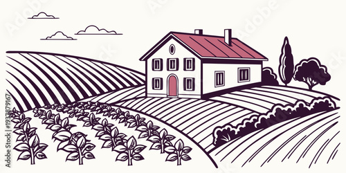 A house in the countryside with a red roof and vineyards Vector