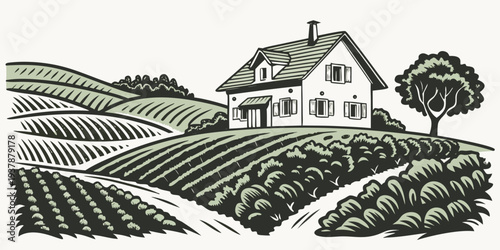 A house on a farm with fields and trees Vector