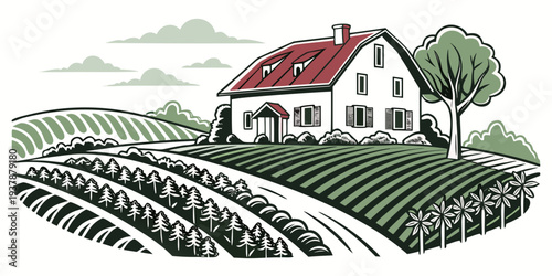 A white house with a red roof on a hill Vector