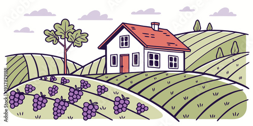 A house in a vineyard with a red roof and a tree Vector