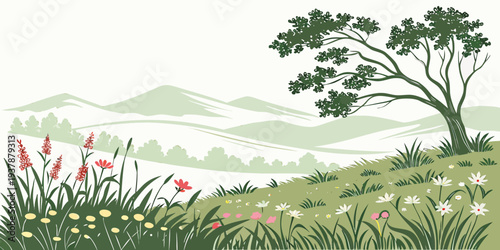 A serene landscape with a tree and colorful flowers Vector