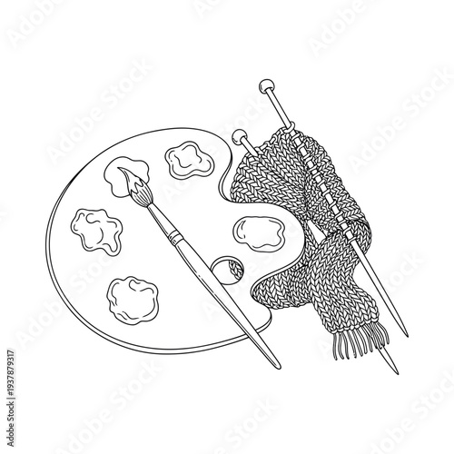 Hand drawn sketch of a painter's palette with mixed colors and knitting needles with textured yarn on a minimalist white background