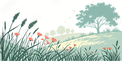 A serene landscape with a tree and flowers Vector