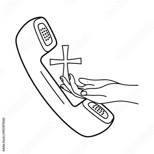 Hand dialing an old fashioned telephone receiver with a rotary dial on a minimalistic white background