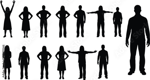 people standing silhouettes set, men women different poses collection, full body human figures, casual lifestyle characters, black vector illustration