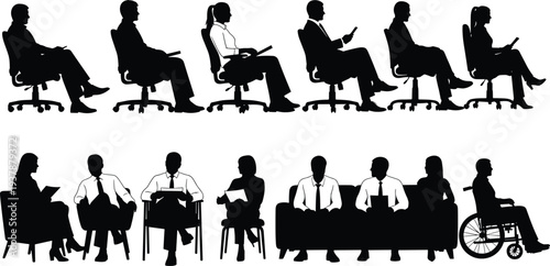 people standing silhouettes collection, men women different poses set, full body human figures, casual lifestyle characters, black vector illustration