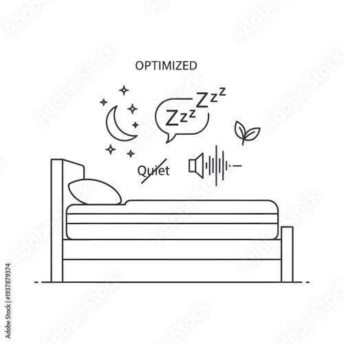 Minimalist bed illustration with sleep optimization symbols including snoring zzz quiet leaf and moon