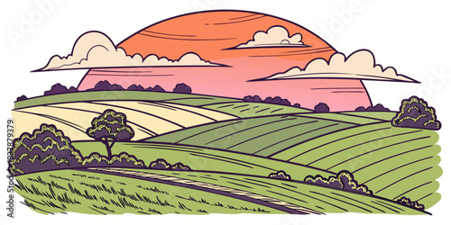 A serene landscape with a sunset over a green field Vector