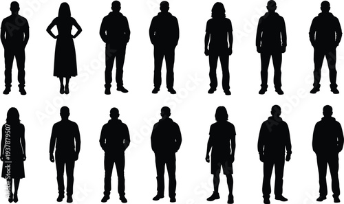 people standing silhouettes collection, men women full body figures set, casual lifestyle characters lineup, isolated black vector illustration