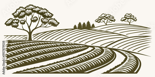 A brown illustration of a vineyard with trees Vector