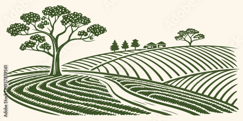 A green illustration of a farm with trees and rows of crops Vector
