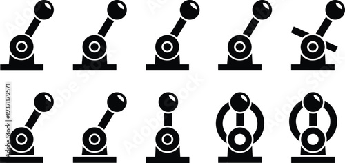 Set of black mechanical lever icons and control switch symbols in various positions for industrial interface design, machinery dashboard, and equipment operation automation.