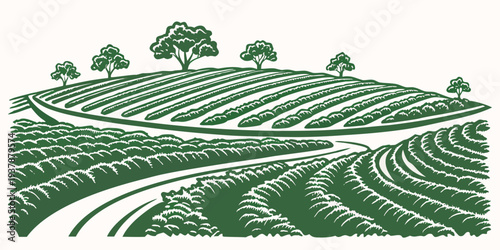 A green landscape with trees and rows of crops Vector
