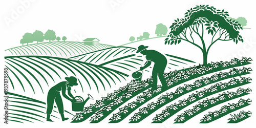Farmers working in a field with a tree Vector