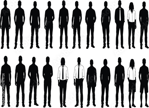 people standing silhouettes collection, diverse men women group, full body human figures set, team lineup, black vector illustration