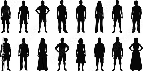 people standing silhouettes set, men women full body figures, diverse human characters collection, casual lifestyle poses, black vector illustration