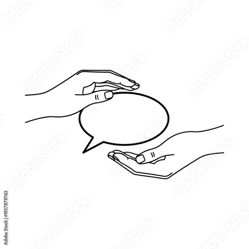 Two hands holding a speech bubble symbolizing communication dialogue and sharing of ideas in a minimalist sketch style