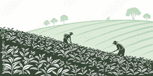 Farmers working in a field with crops and trees Vector