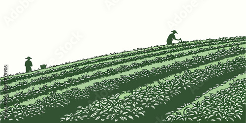 A green field with people working in the distance Vector
