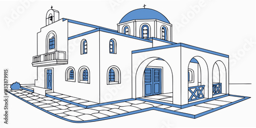 A white building with blue accents and a dome Vector