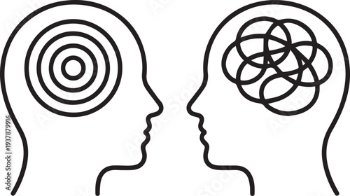 Clear Mind vs Confused Mind Psychology Concept Two Human Heads Line Art Illustration