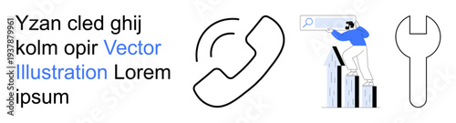 Business growth, customer communication, technical support, online growth strategies, digital innovation, problem-solving. Abstract phone, wrench symbol person viewing search bar. Business growth