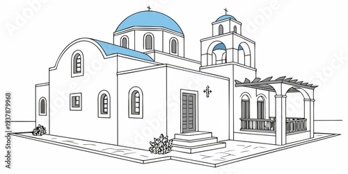 A white building with blue domes and a tower Vector