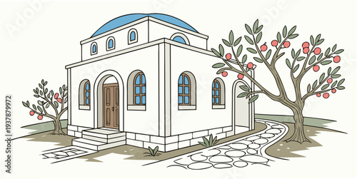 A white building with a blue roof and a tree in front Vector