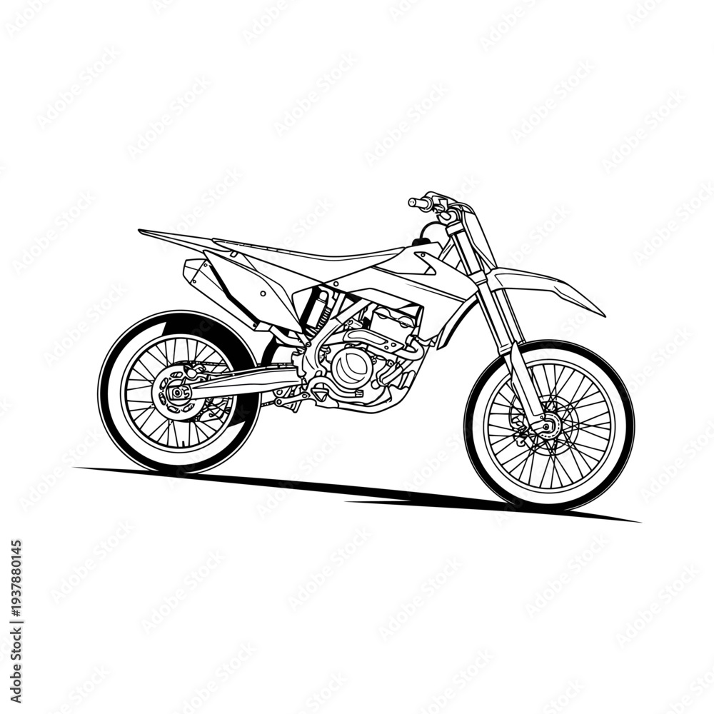 Obraz premium Dynamic dirt bike sketch in motion side view sleek design off road motorcycle with bold lines and large wheels minimalist black and white illustration