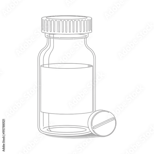 Glass bottle with clear liquid and white pill capsule isolated on plain background minimalist medical concept