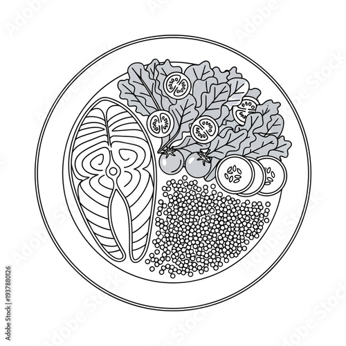 Delicious healthy meal illustration featuring fish and vegetables in a bowl with rice and garnish black and white line drawing style