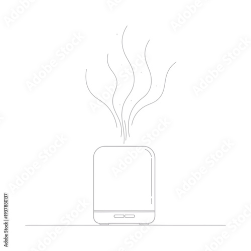 Modern minimalist aroma diffuser emitting gentle steam mist in a calm indoor setting with clean lines and soft white background